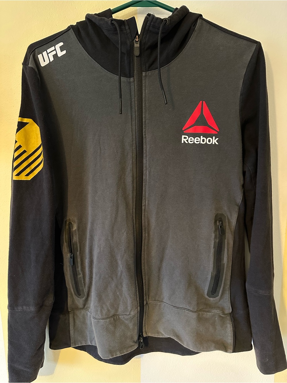 Reebok Ronda Rousey Black & Gray Zip Hoodie with Red Logo and Yellow Sleeve